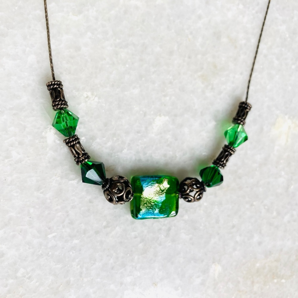 Vintage 90s Dichroic Handblown Green Glass Beaded Filagree Necklace Silver 20”